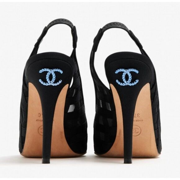 CHANEL Black Diamond Pattern Mesh CC Logo Cap Toe Slingback Sandals Size… - Picture 5 of 16